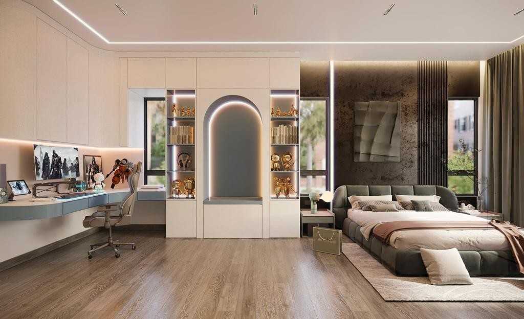 Contemporary Bedroom with Parquet Floor and Drop Ceiling