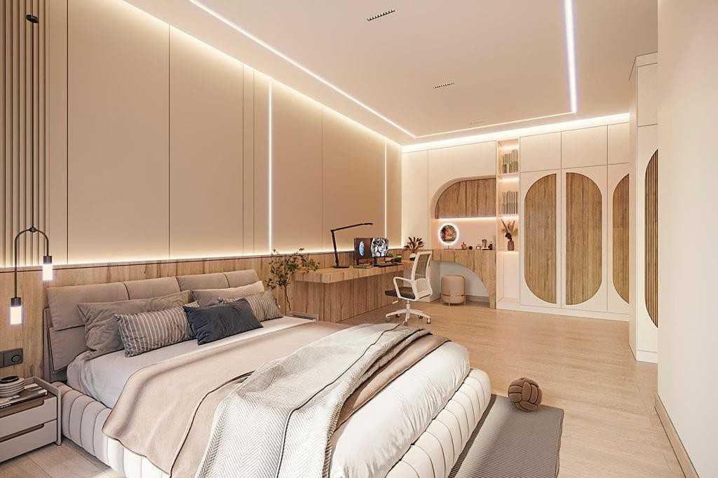 Contemporary Bedroom with Parquet Floor and Drop Ceiling