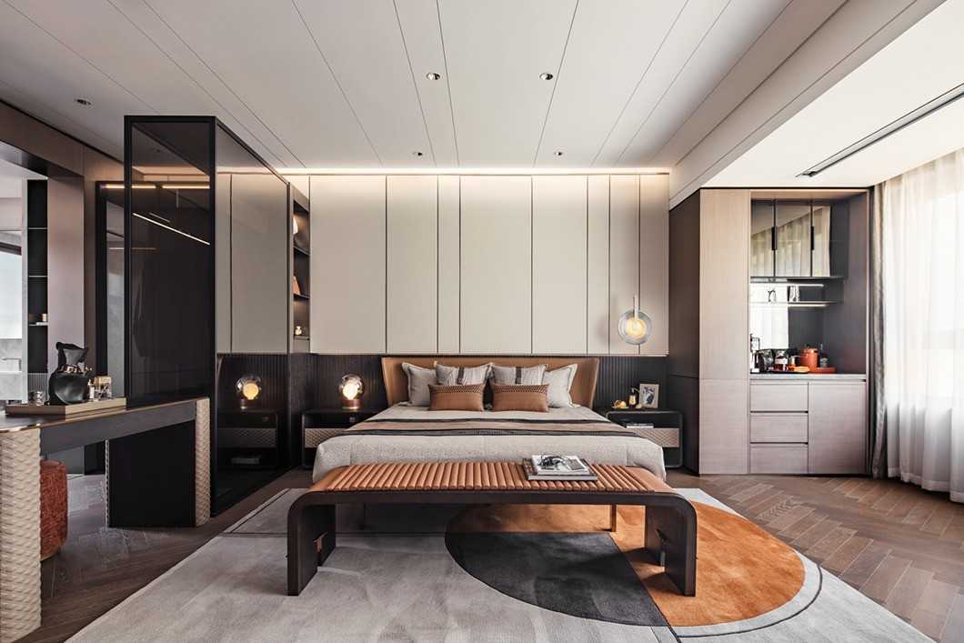 Contemporary Bedroom with Herringbone Tiling and Bay Window