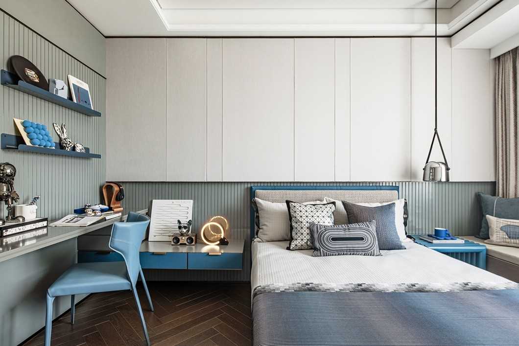 Contemporary Bedroom with Herringbone Tiling and Feature Wall