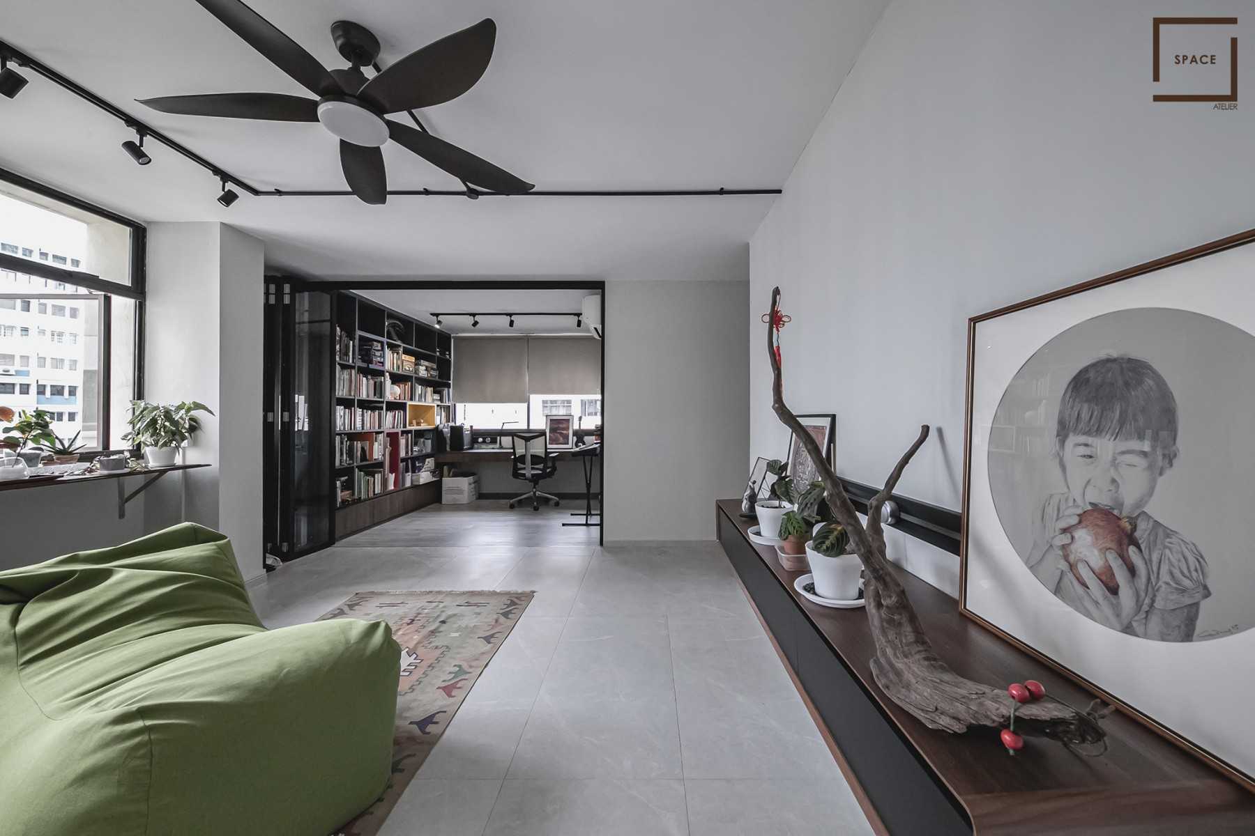 Contemporary Living Room with Ottoman and Display Cabinets