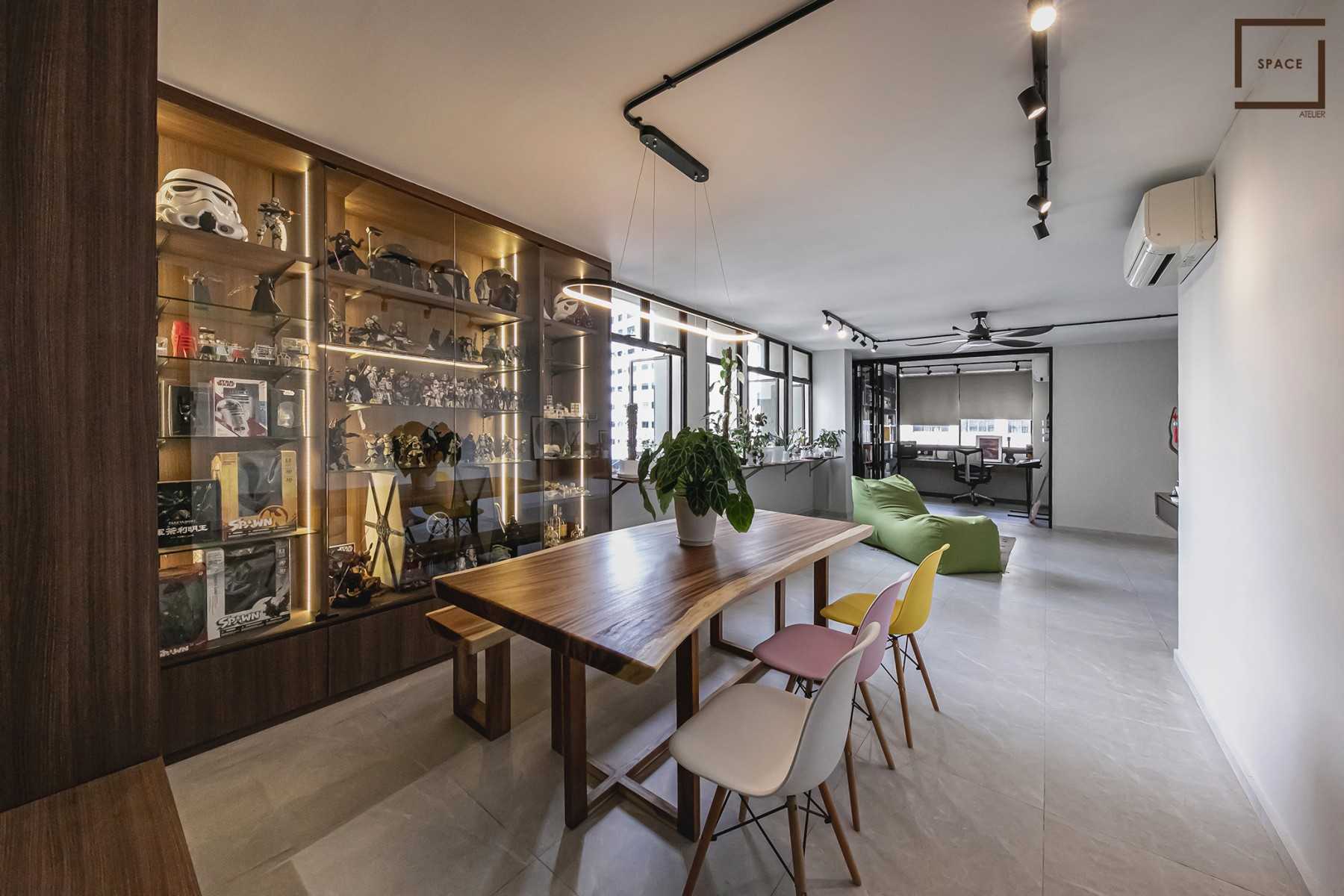 Contemporary Living Room with Homogeneous Tiles and Ceiling Light