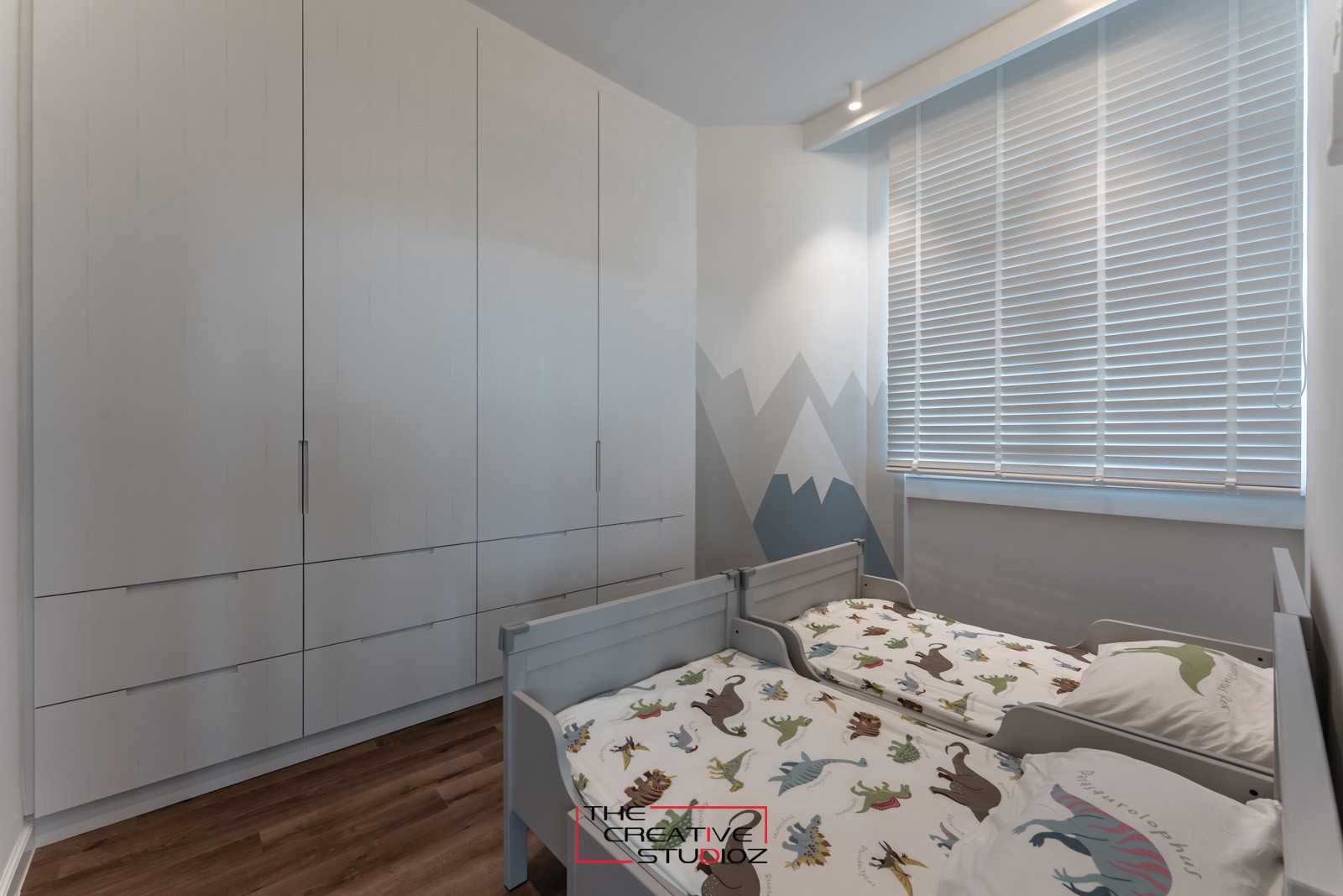 Contemporary Bedroom with Parquet Floor and Drop Light