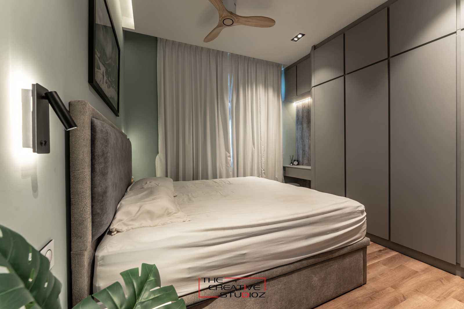 Contemporary Bedroom with Parquet Floor and Drop Light