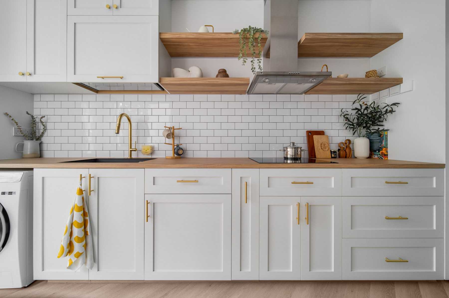 Country Kitchen with Countertop and Herringbone Tiling