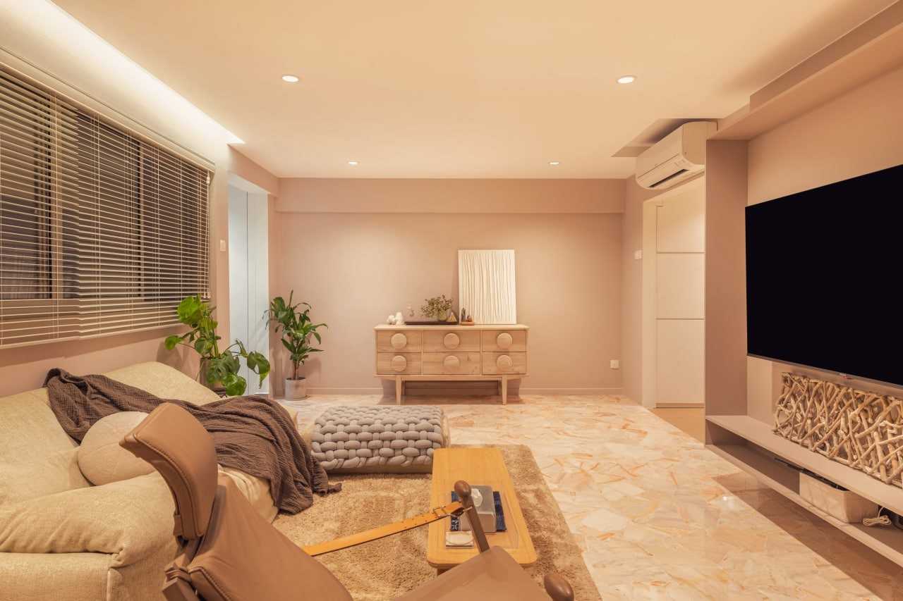 Modern Living Room with Marble Floor and TV Console