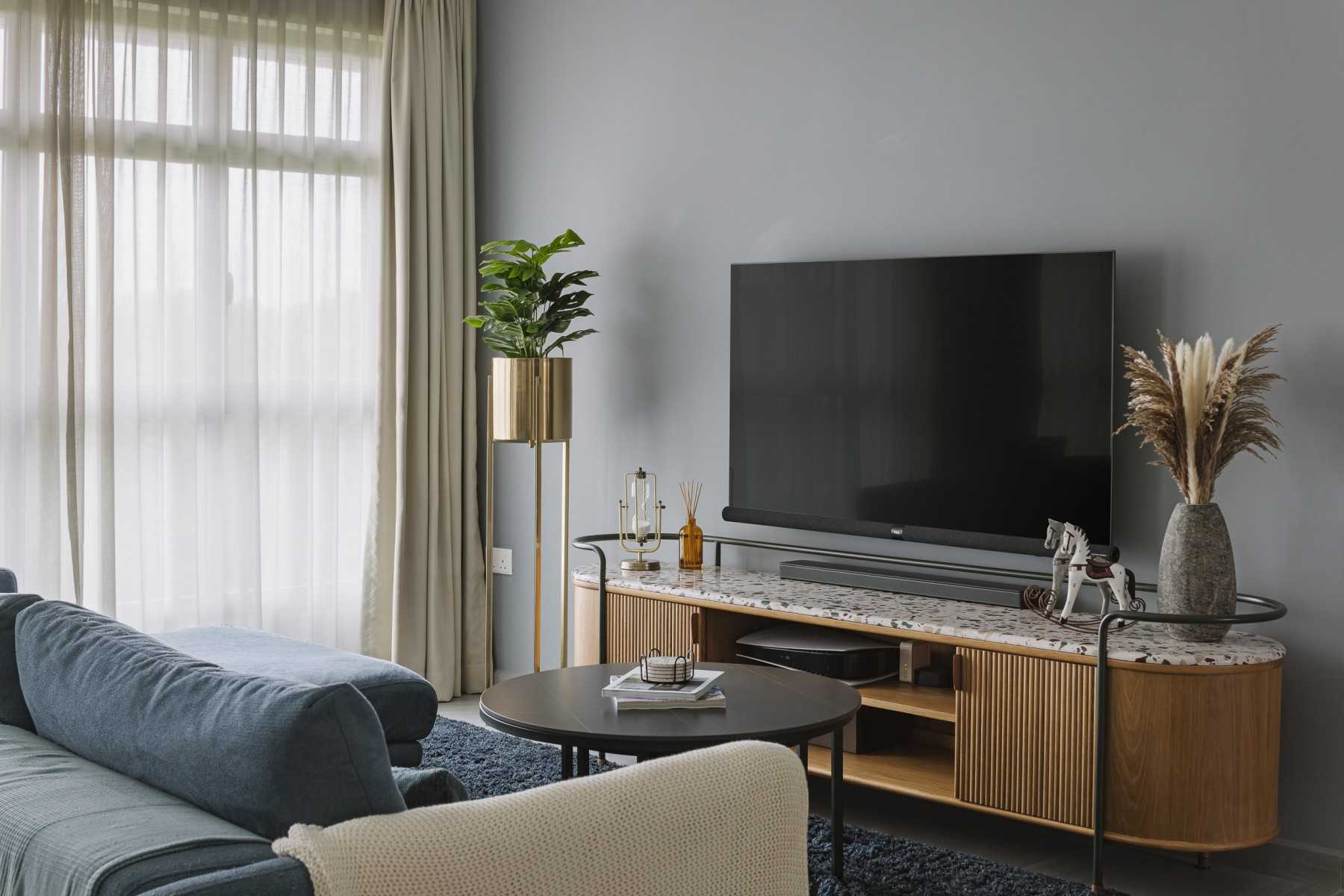 Contemporary Living Room with TV Console and Carpet