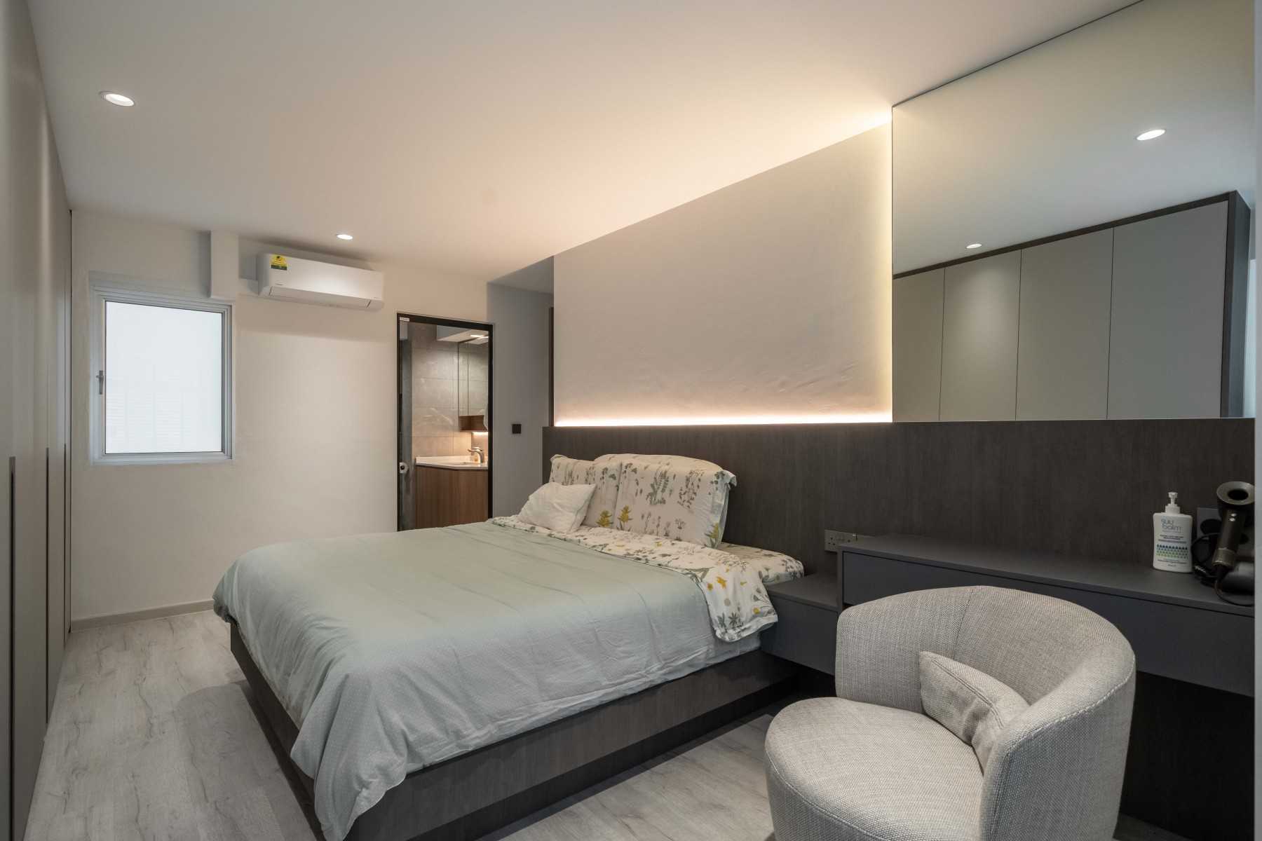 Modern Bedroom with Wood Flooring and Cove Lighting