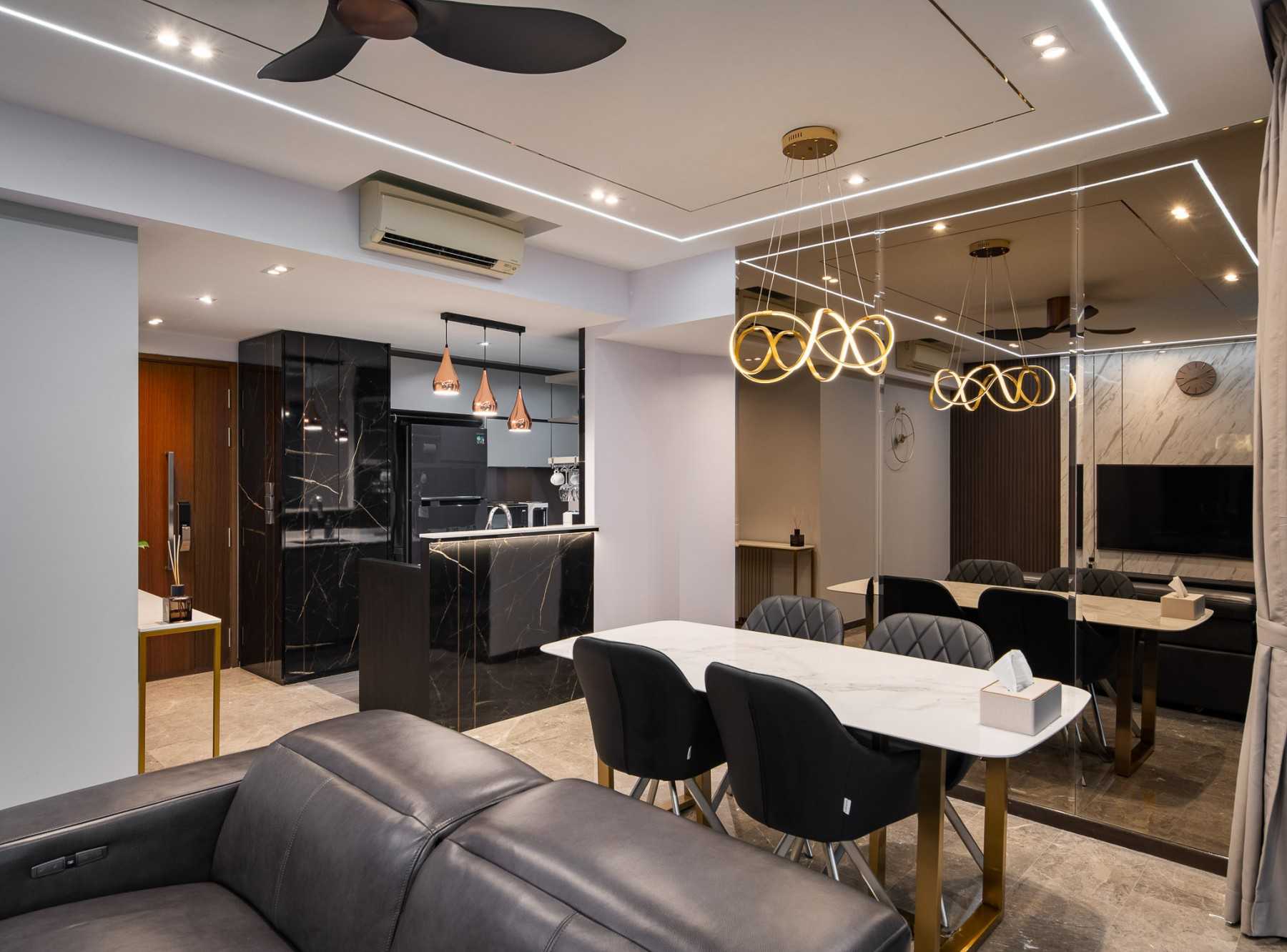 Contemporary Dining Room with Drop Ceiling and Chandelier