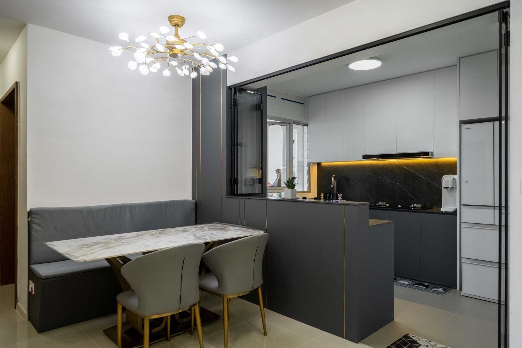 Contemporary Dining Room with Drop Light and Dining Table