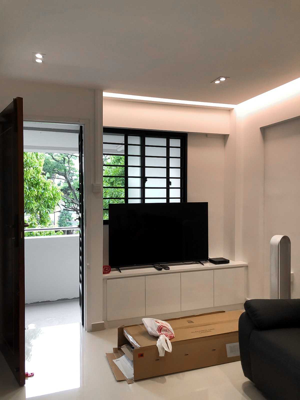 Scandinavian Foyer with TV Console and Window Grille