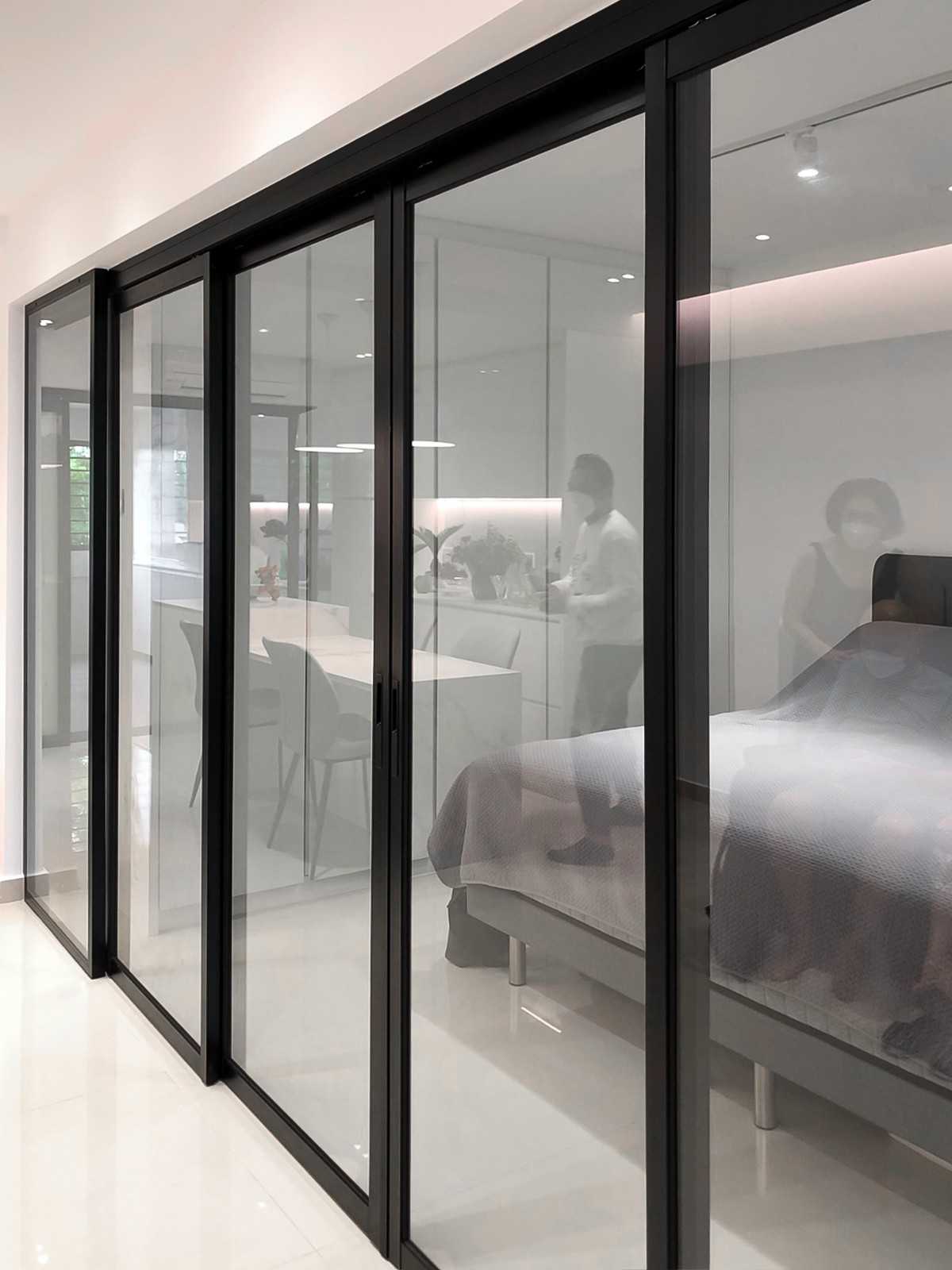 Scandinavian Bedroom with Glass Door and Flooring