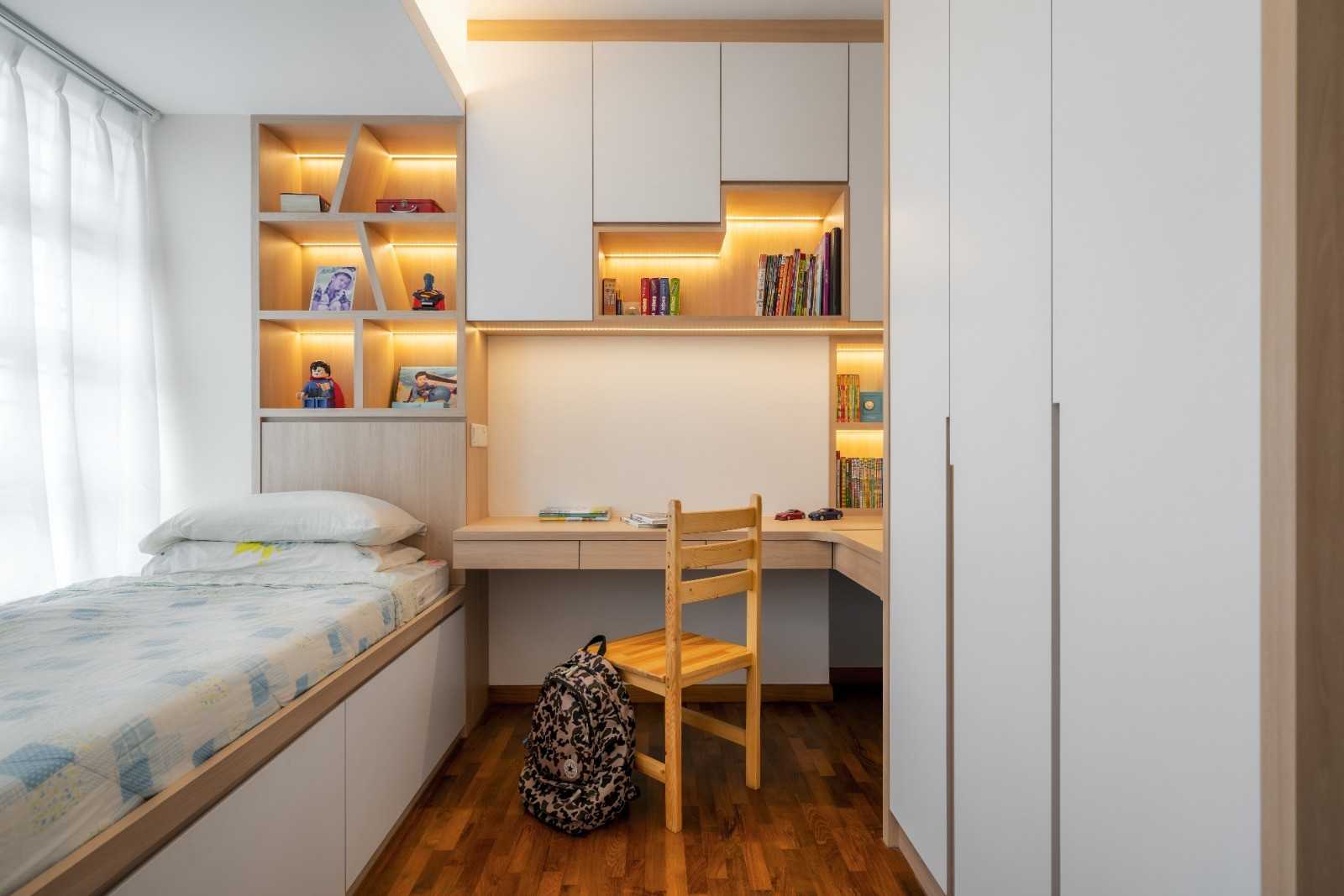 Modern Bedroom with Bookshelf and Platform Bed
