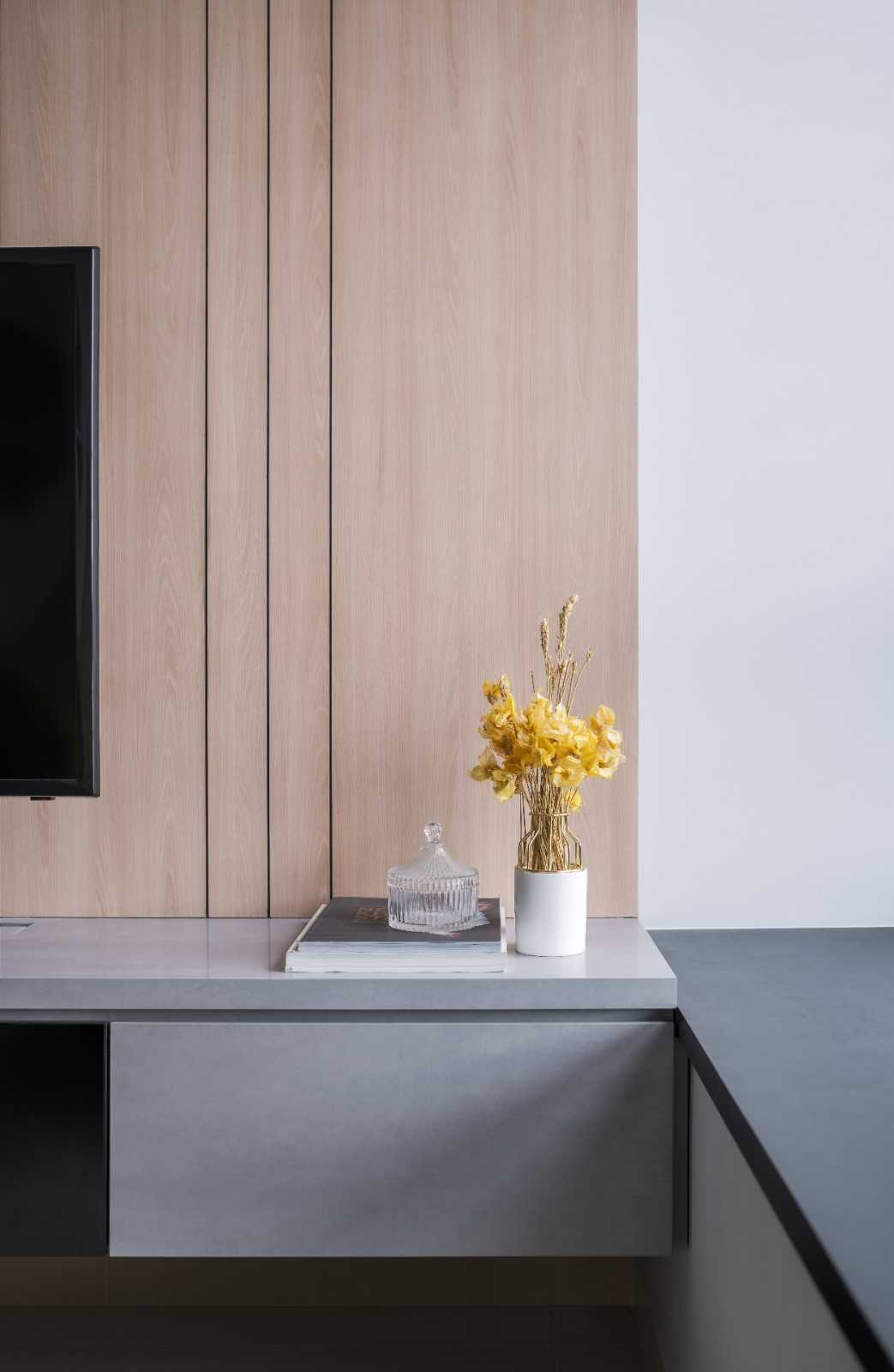 Modern Living Room with Homogeneous Tiles and TV Console