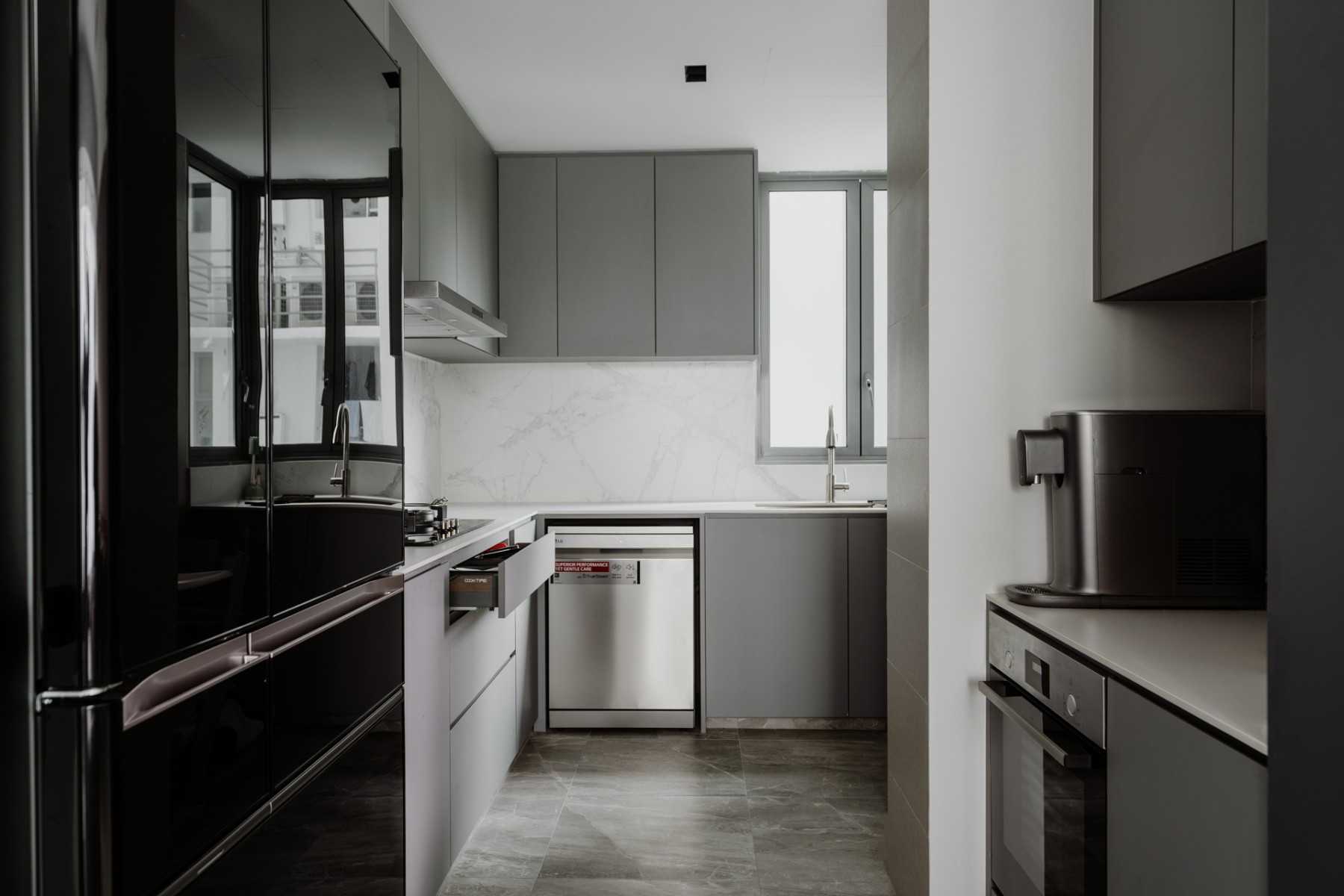 Modern Kitchen with Granite Floor and Storage Cabinets
