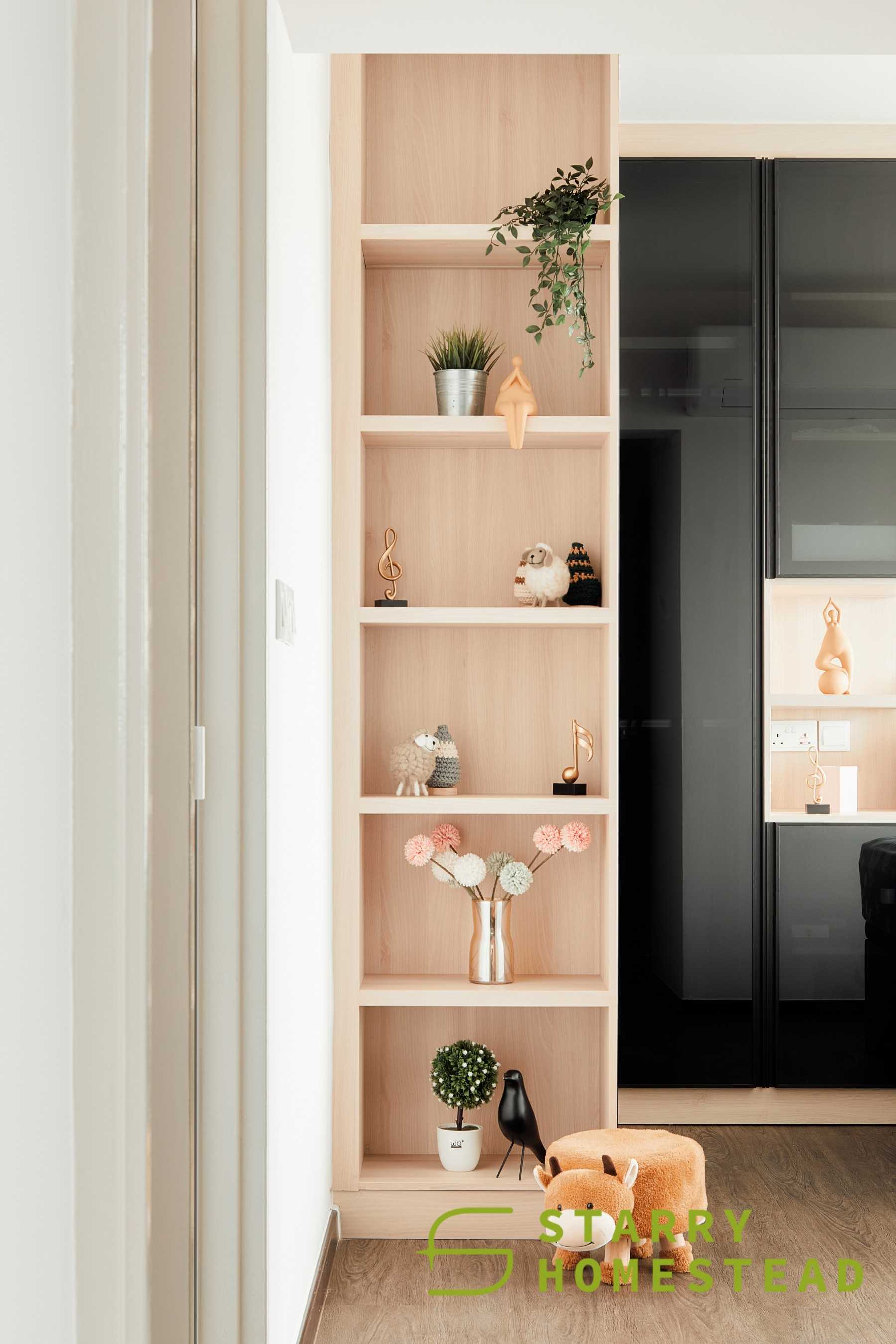 Scandinavian Bedroom with Wall Shelves and Flooring