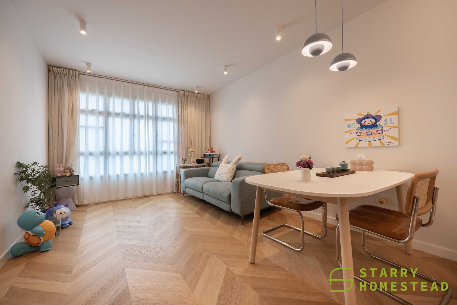 Minimalist Living Room with Drop Light and Downlights