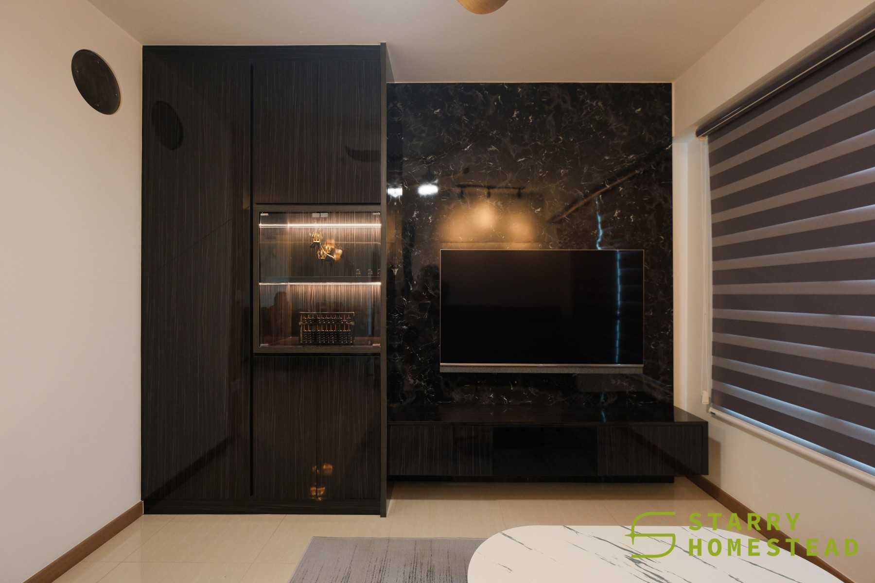 Scandinavian Living Room with Feature Wall and Display Cabinets