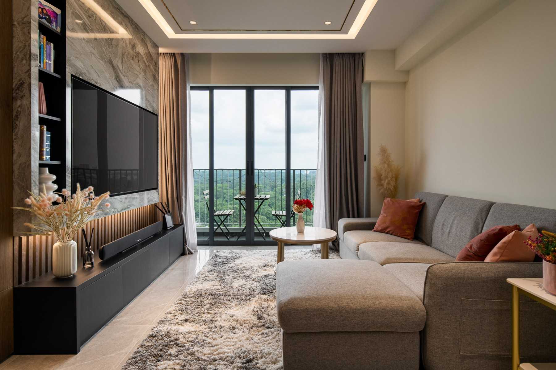 Contemporary Living Room with TV Console and Feature Wall