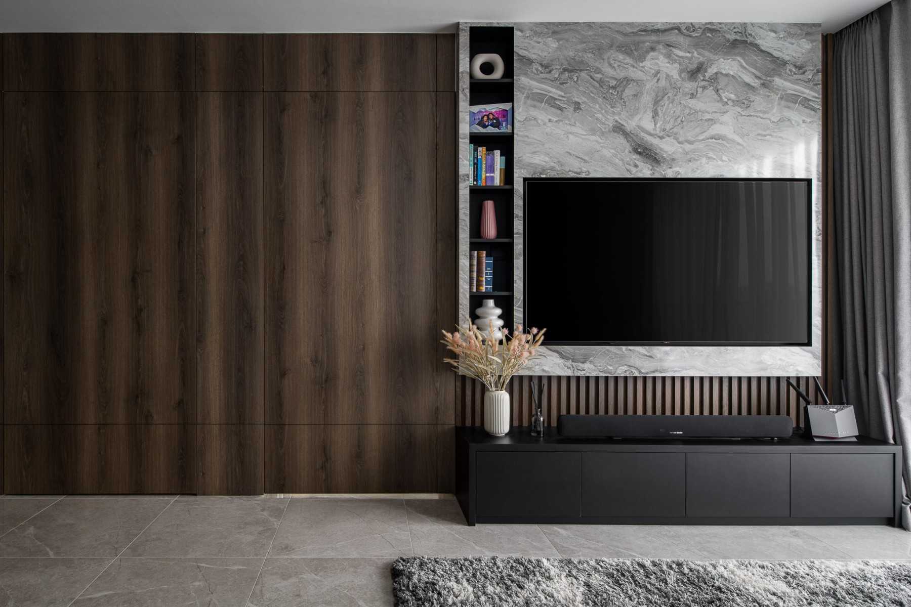 Contemporary Living Room with TV Console and Feature Wall