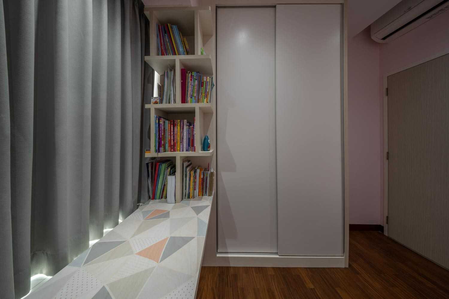 Modern Bedroom with Bookshelf and Vinyl Flooring