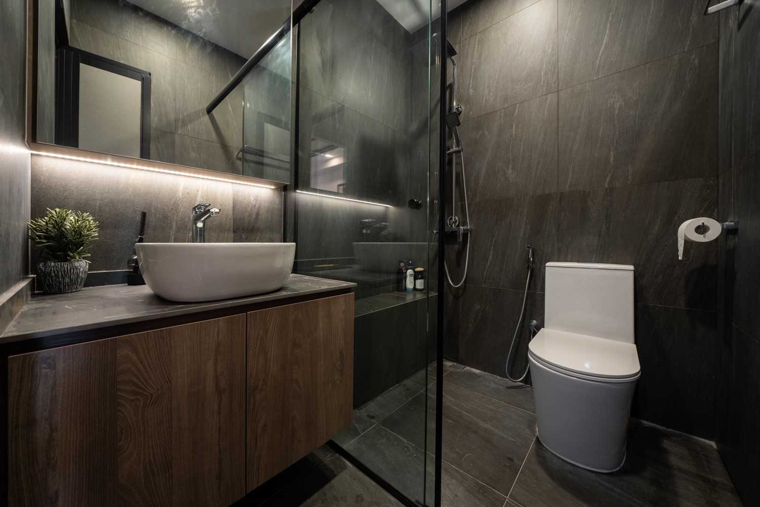 Modern Bathroom with Countertop and Herringbone Tiling
