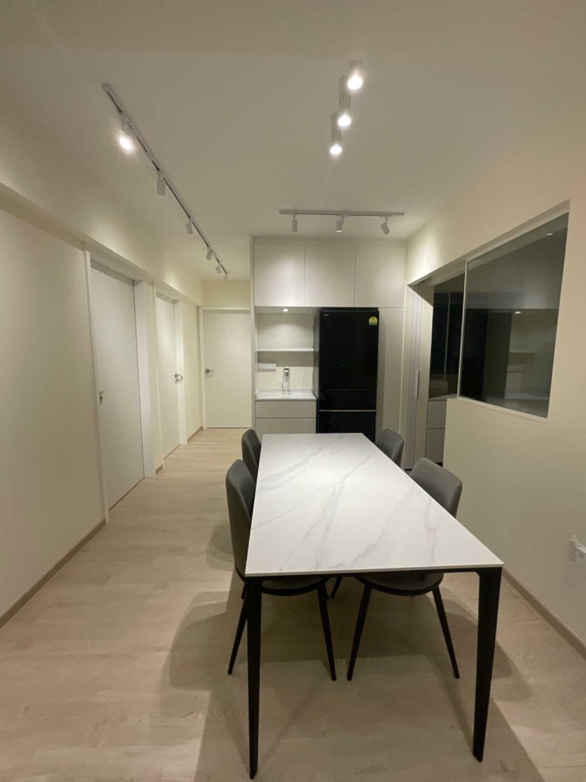 Minimalist Dining Room with Vinyl Flooring and Kitchen Window