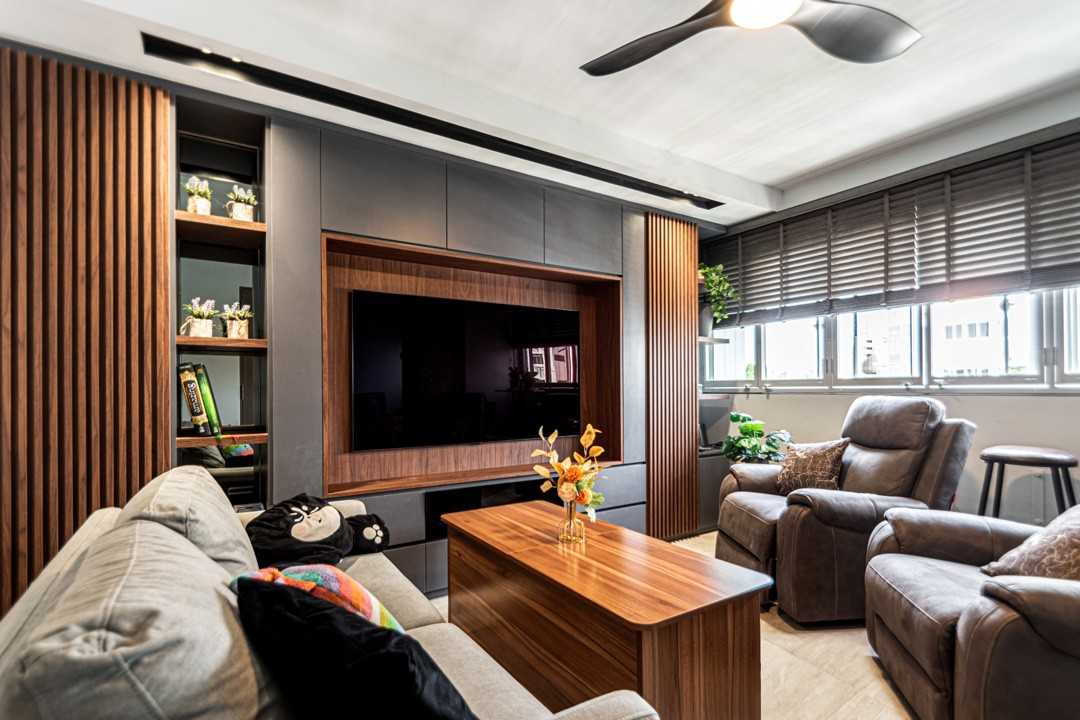 Contemporary Living Room with Feature Wall and Ceiling Light
