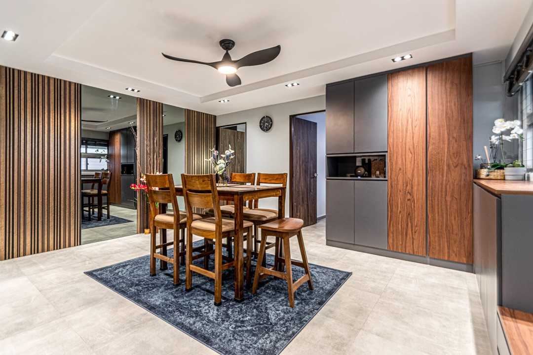 Contemporary Dining Room with Feature Wall and Mirror