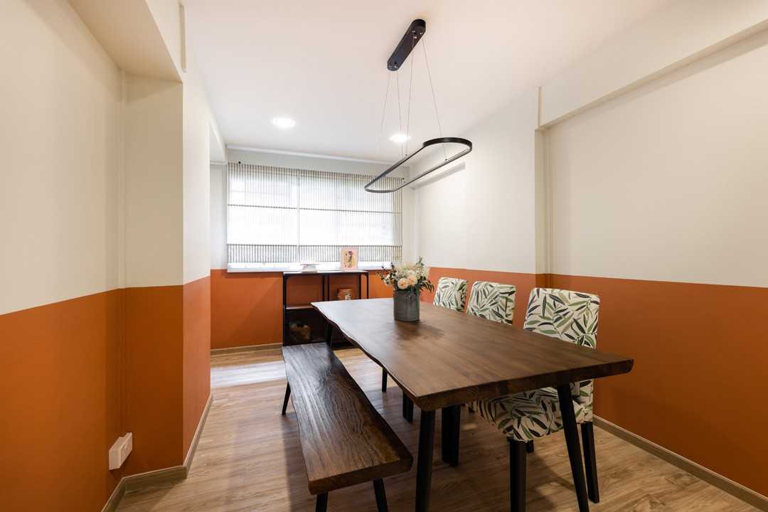 Scandinavian Dining Room with Vinyl Flooring and Feature Wall