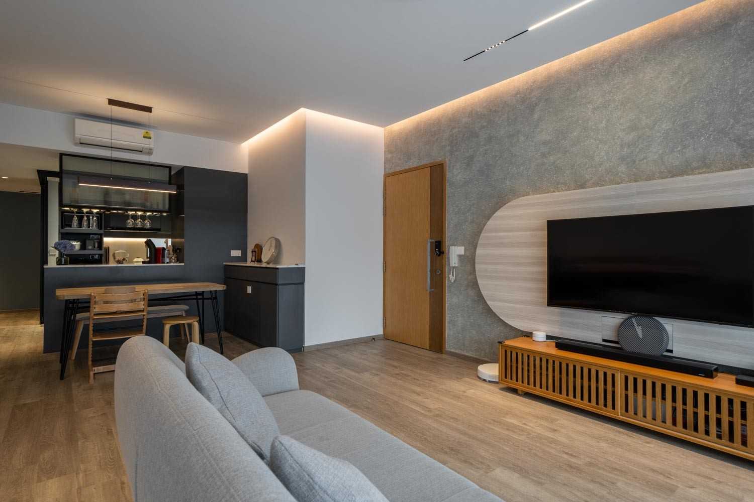 Contemporary Living Room with TV Console and Feature Wall