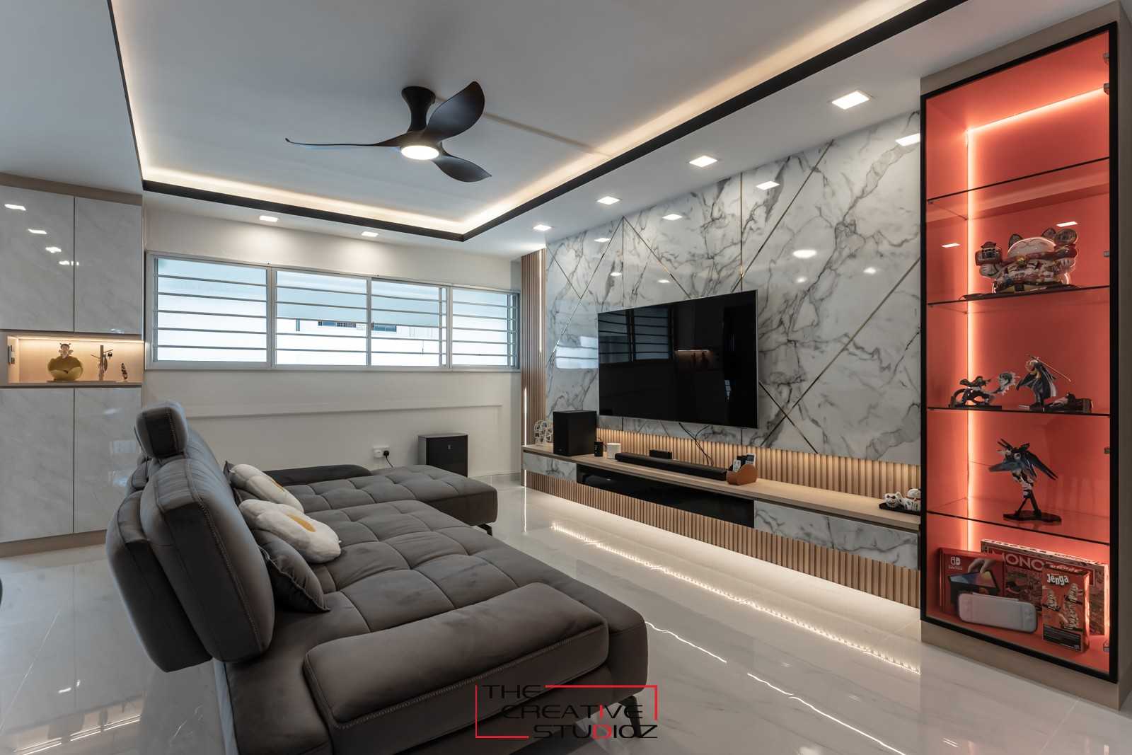 Modern Living Room with Homogeneous Tiles and TV Console