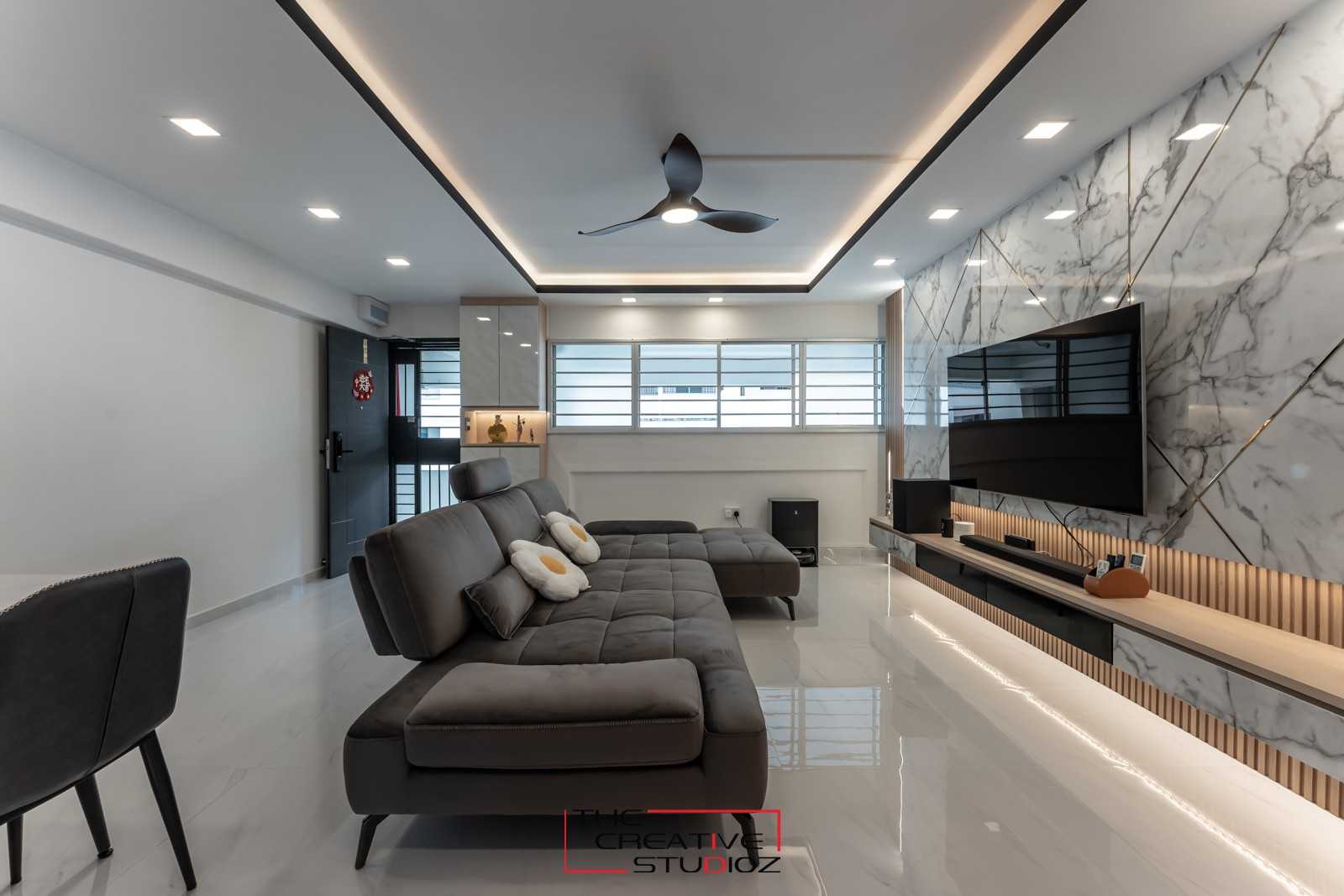 Modern Living Room with Homogeneous Tiles and TV Console