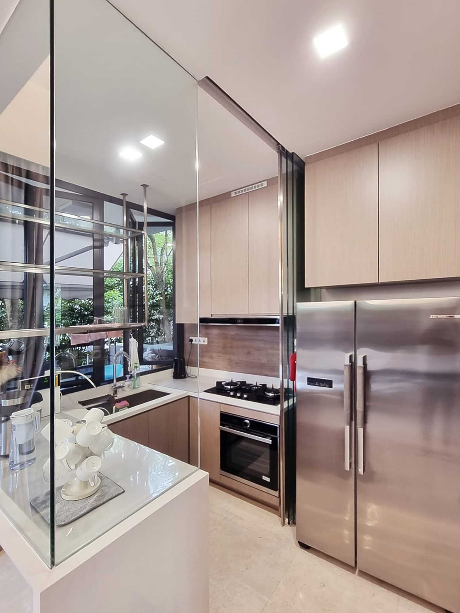Modern Kitchen with Kitchen Window and Glass Door
