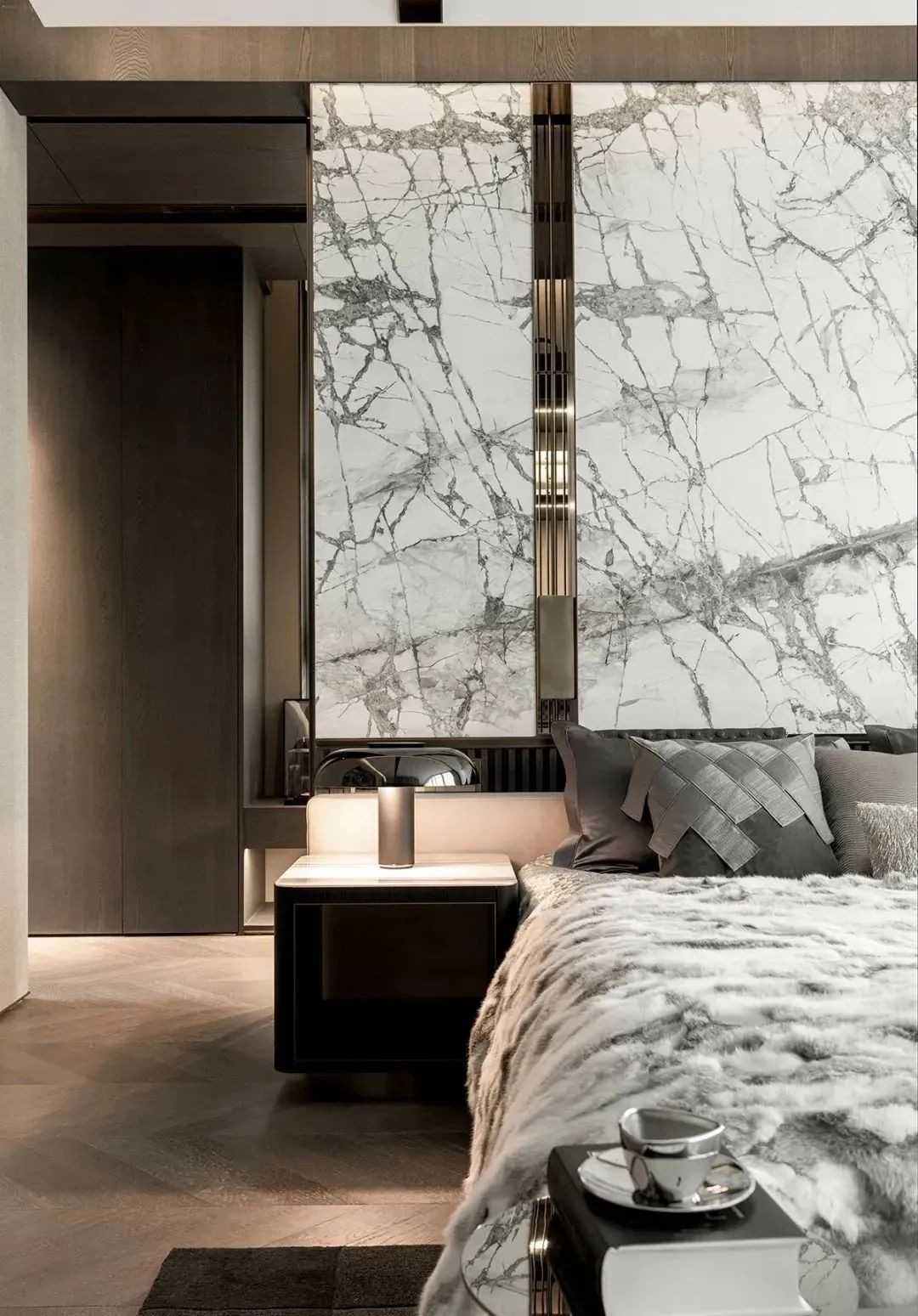 Contemporary Bedroom with Herringbone Tiling and Drop Light