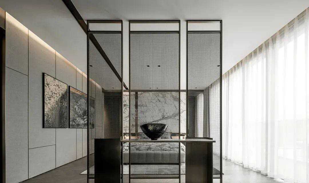 Contemporary Bedroom with Herringbone Tiling and Drop Ceiling