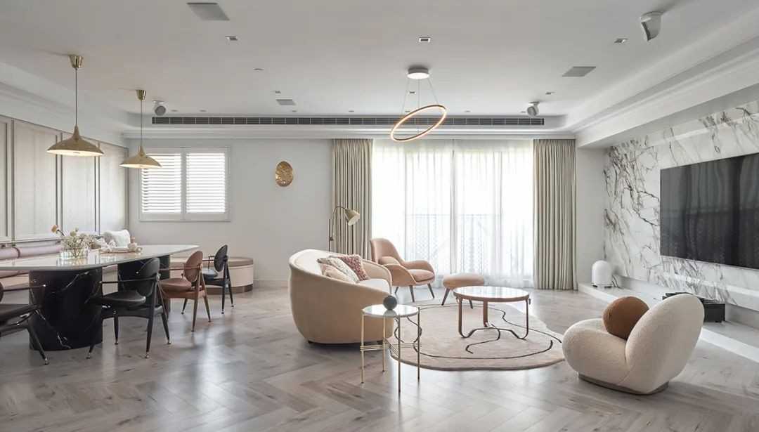 Contemporary Dining Room with Herringbone Tiling and Feature Wall