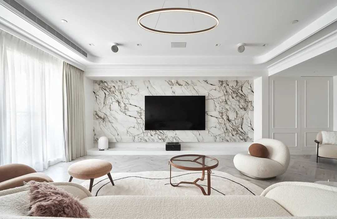 Contemporary Living Room with Herringbone Tiling and Feature Wall