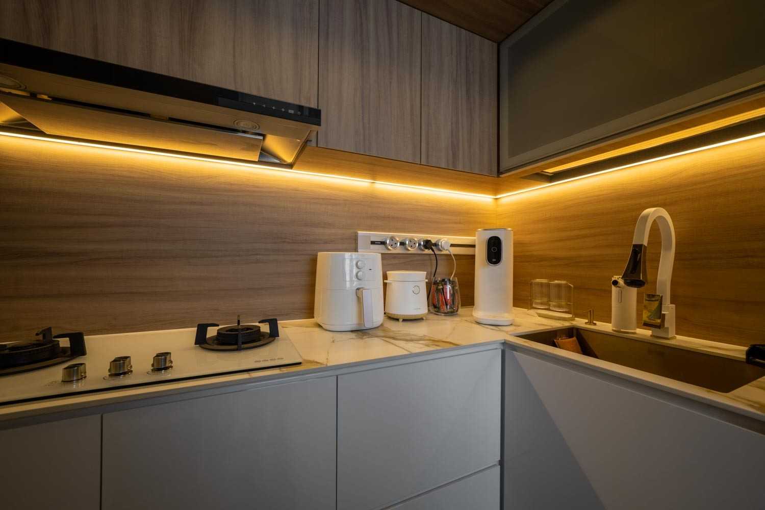 Contemporary Kitchen with Cement Floor and Wood Flooring