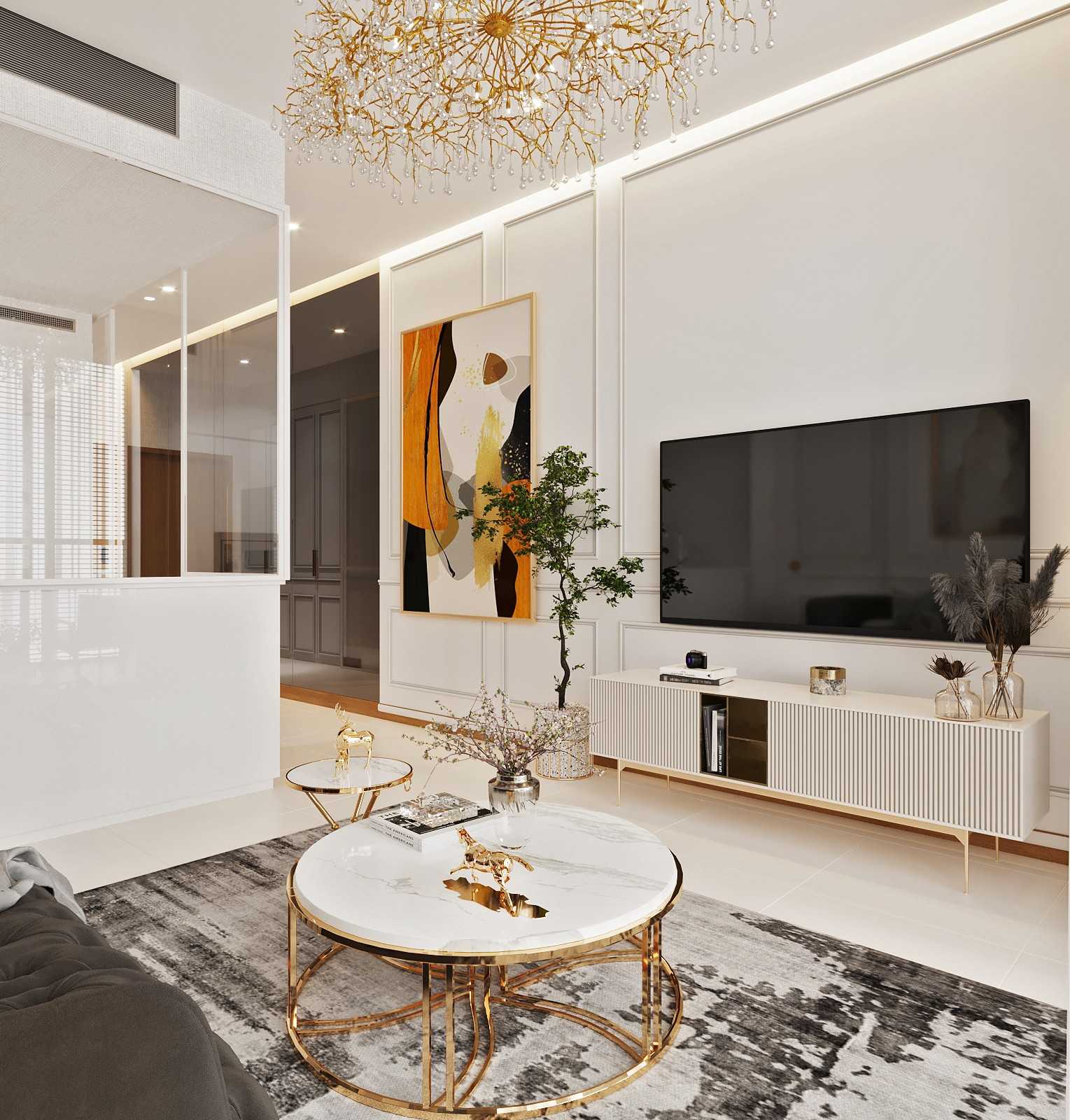 Modern Living Room with Cove Lighting and Chandelier