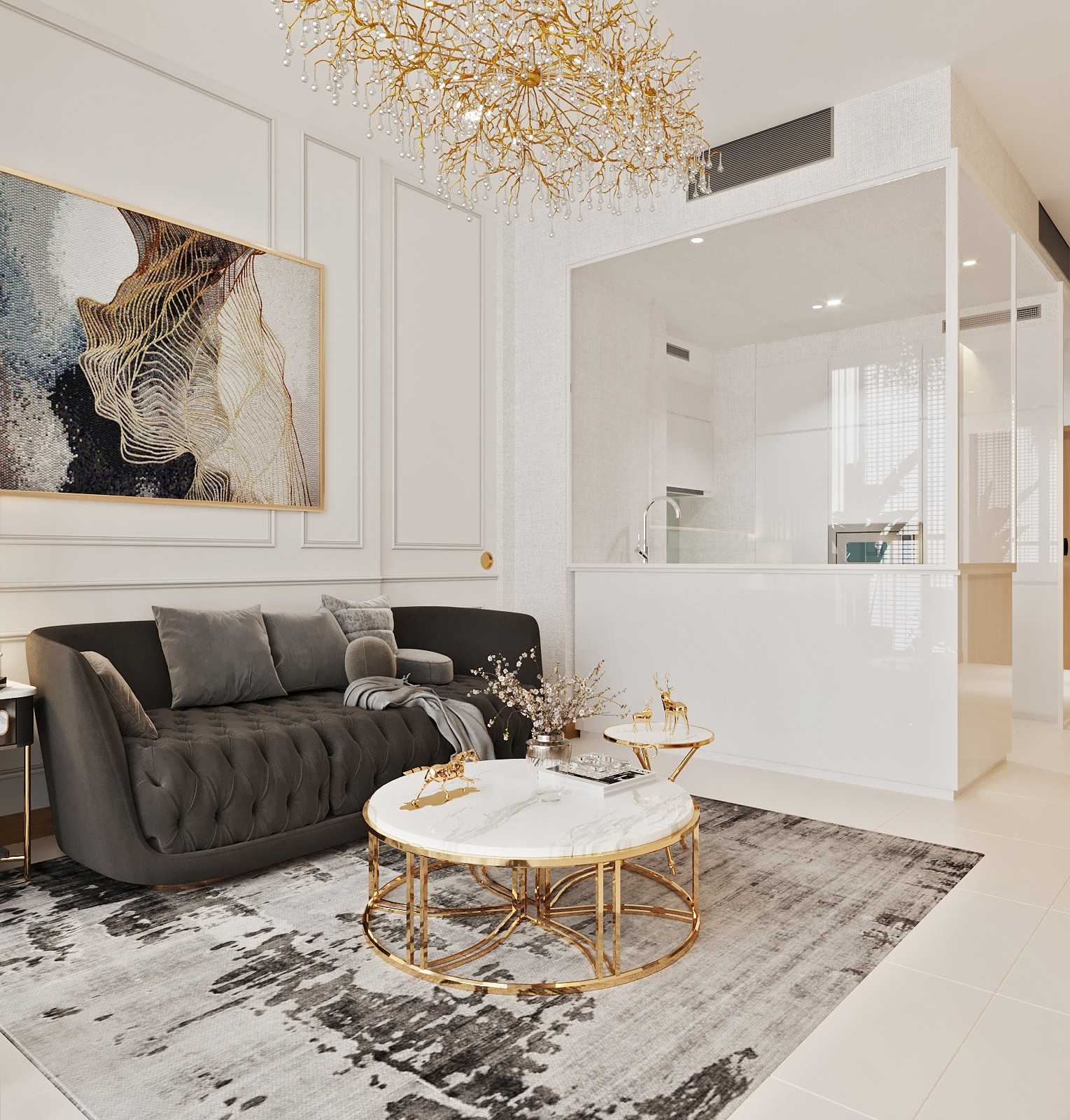 Modern Living Room with Chandelier and Sofa