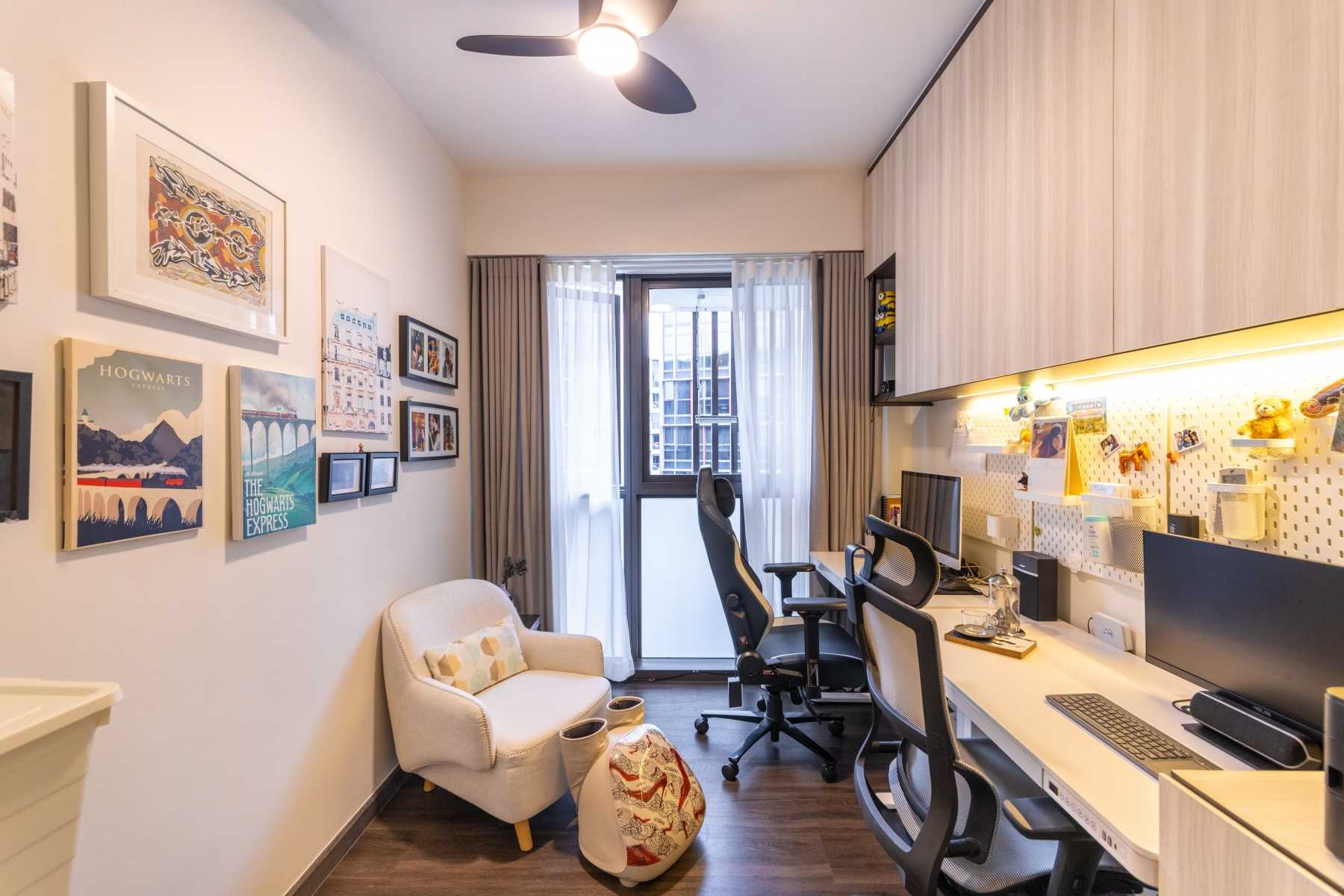 Minimalist Study with Ceiling Light and Curtain
