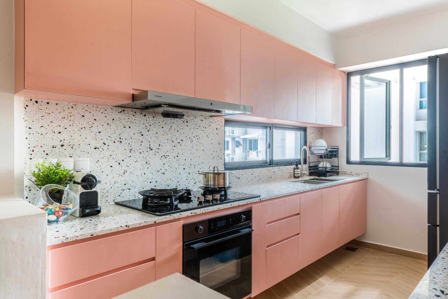 Modern Kitchen with Countertop and Herringbone Tiling