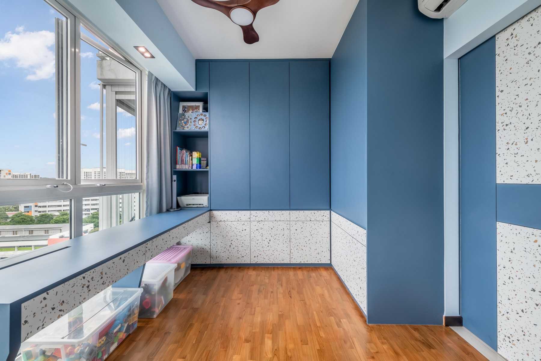Contemporary Kids Room with Bookshelf and Storage Cabinets