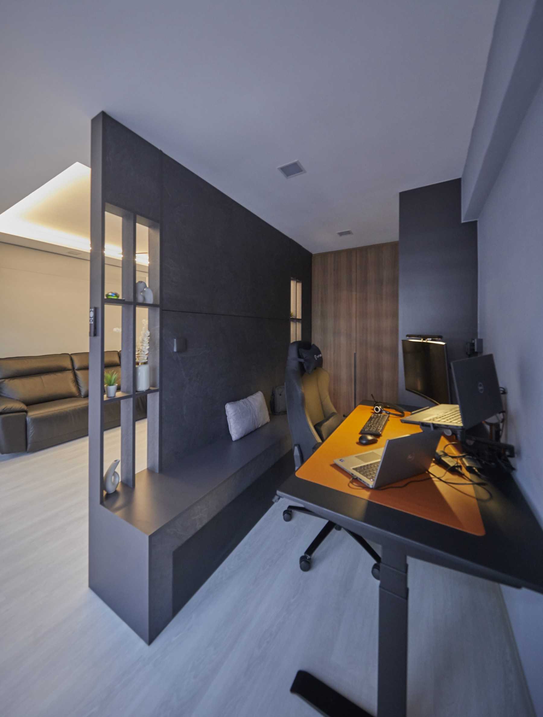 Contemporary Study with Bookshelf and Ceiling Light