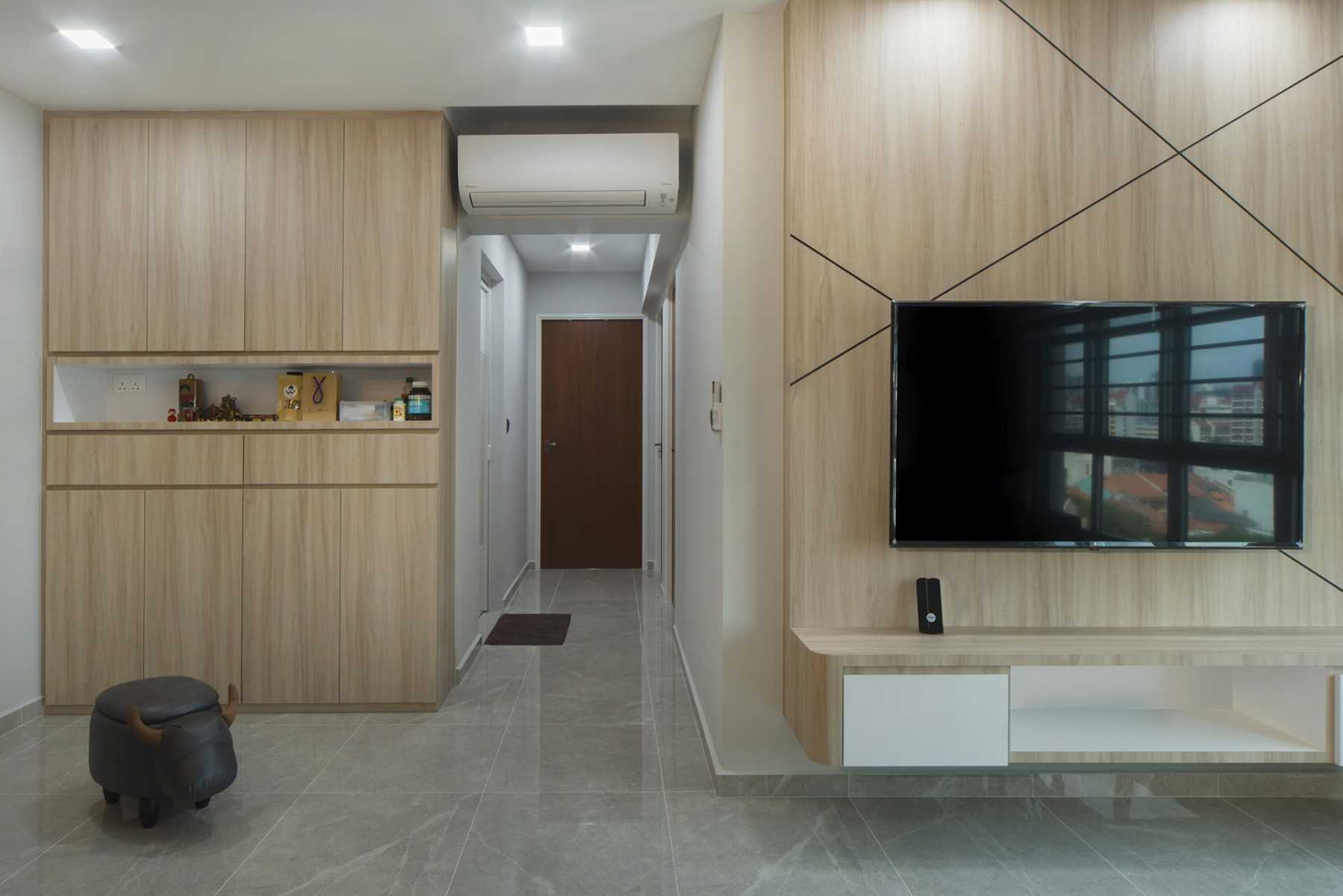 Contemporary Living Room with Homogeneous Tiles and TV Console