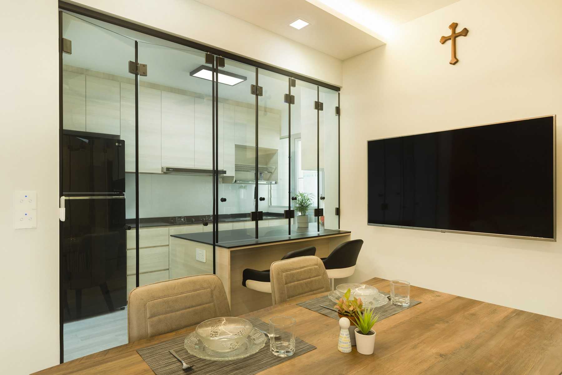 Minimalist Dining Room with Cove Lighting and Downlights