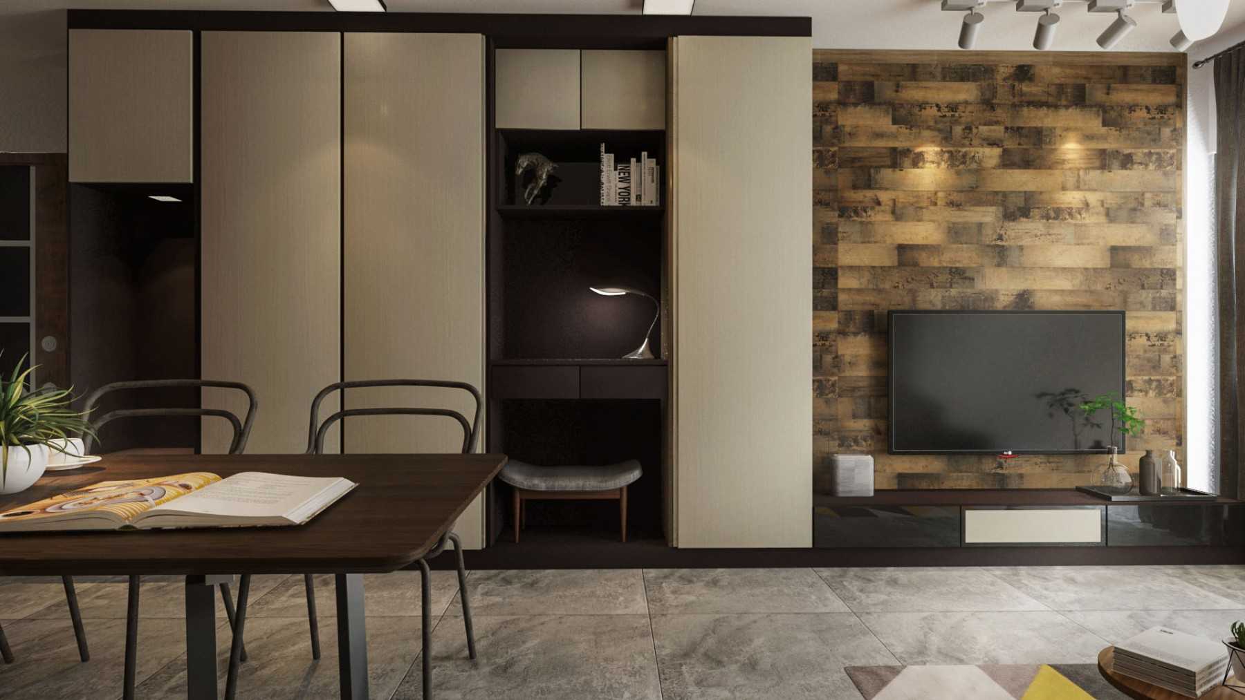 Contemporary Living Room with Bookshelf and TV Console