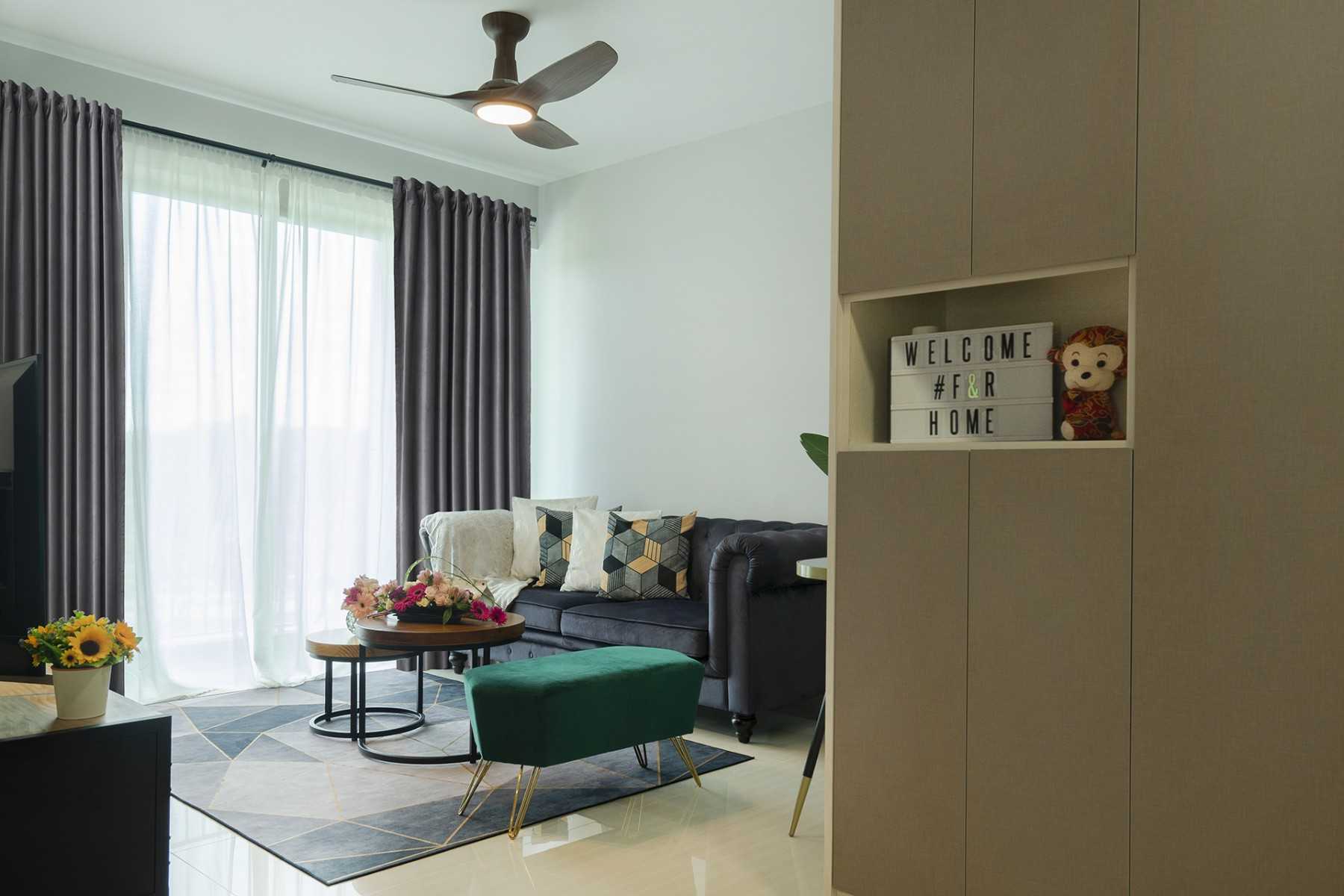 Contemporary Living Room with Homogeneous Tiles and TV Console