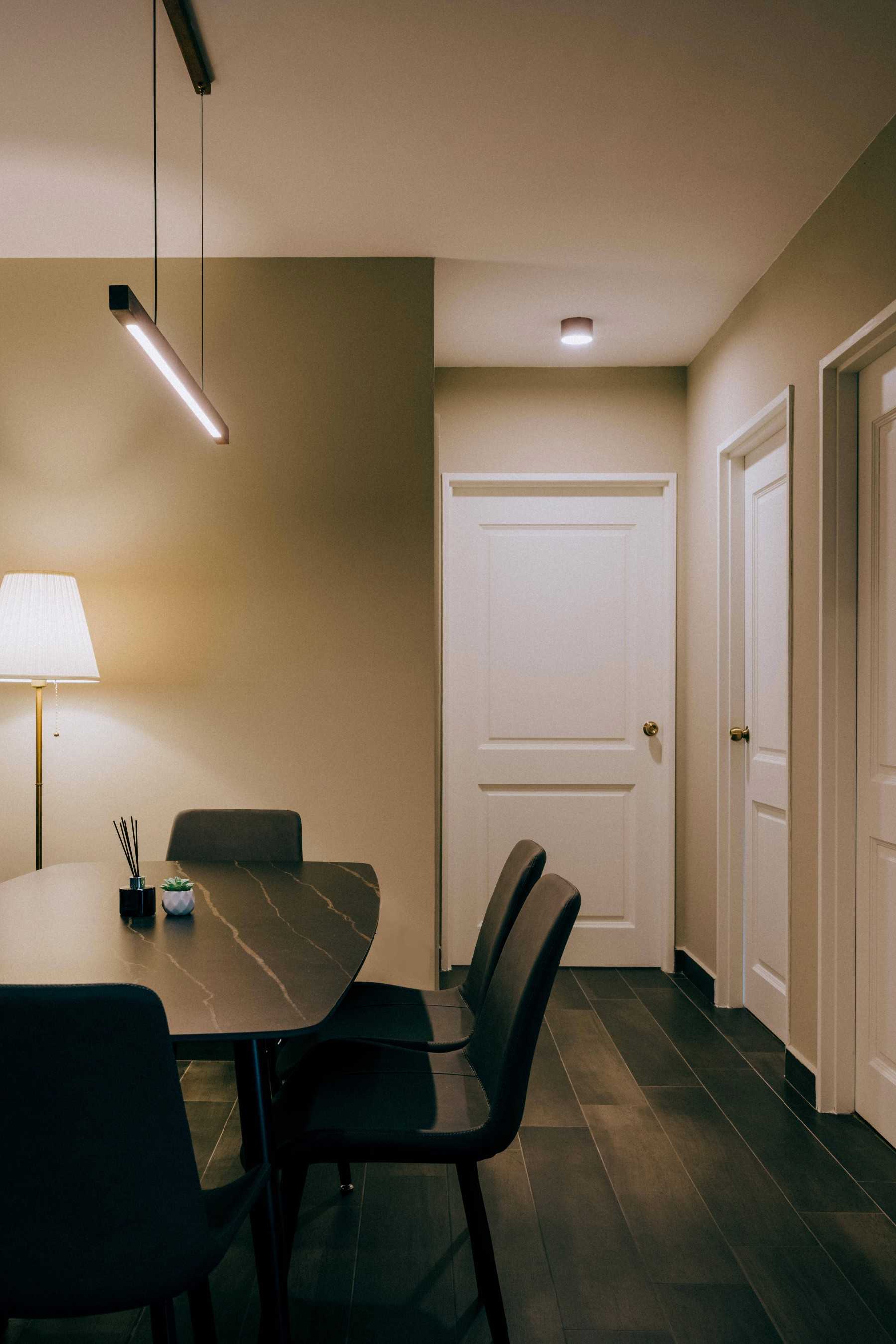 Country Dining Room with Chandelier and Downlights